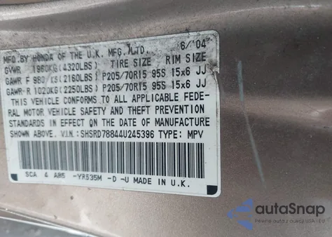 2004 Honda Cr-V Ex из США, поврежденный, VIN SHSRD78844U245396